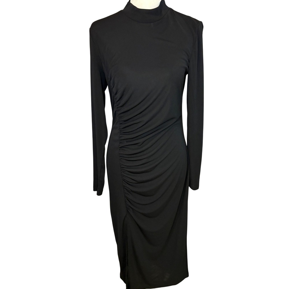 Future Collective Kahlana Barfield Brown Black Ruched Mock Neck Midi Dress M